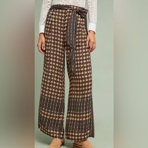 Anthropologie Ett Twa Metzner Black Print Pockets Tie Wide Leg Trousers Size 4